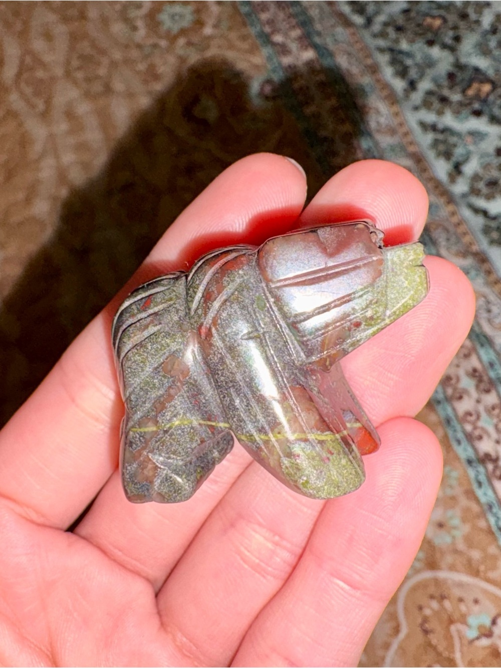 Hand-Carved Stone Bear Figurine in Green and Brown